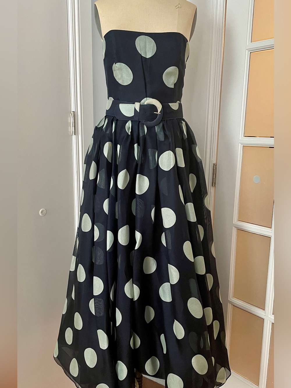 Linda Allard for Ellen Tracy vintage gown Navy Blue Polka Dot with Belt, size M,